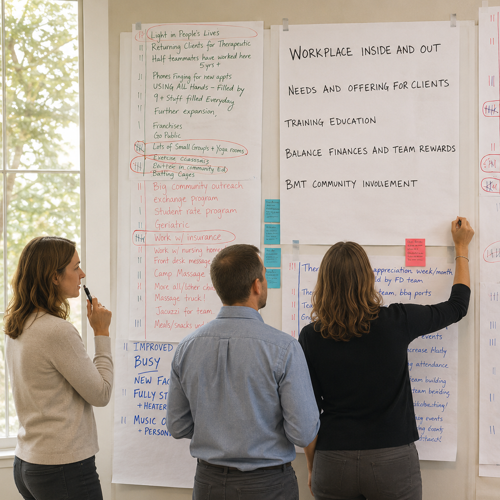 Two women and a man writing notes on a whiteboard and thinking over ideas