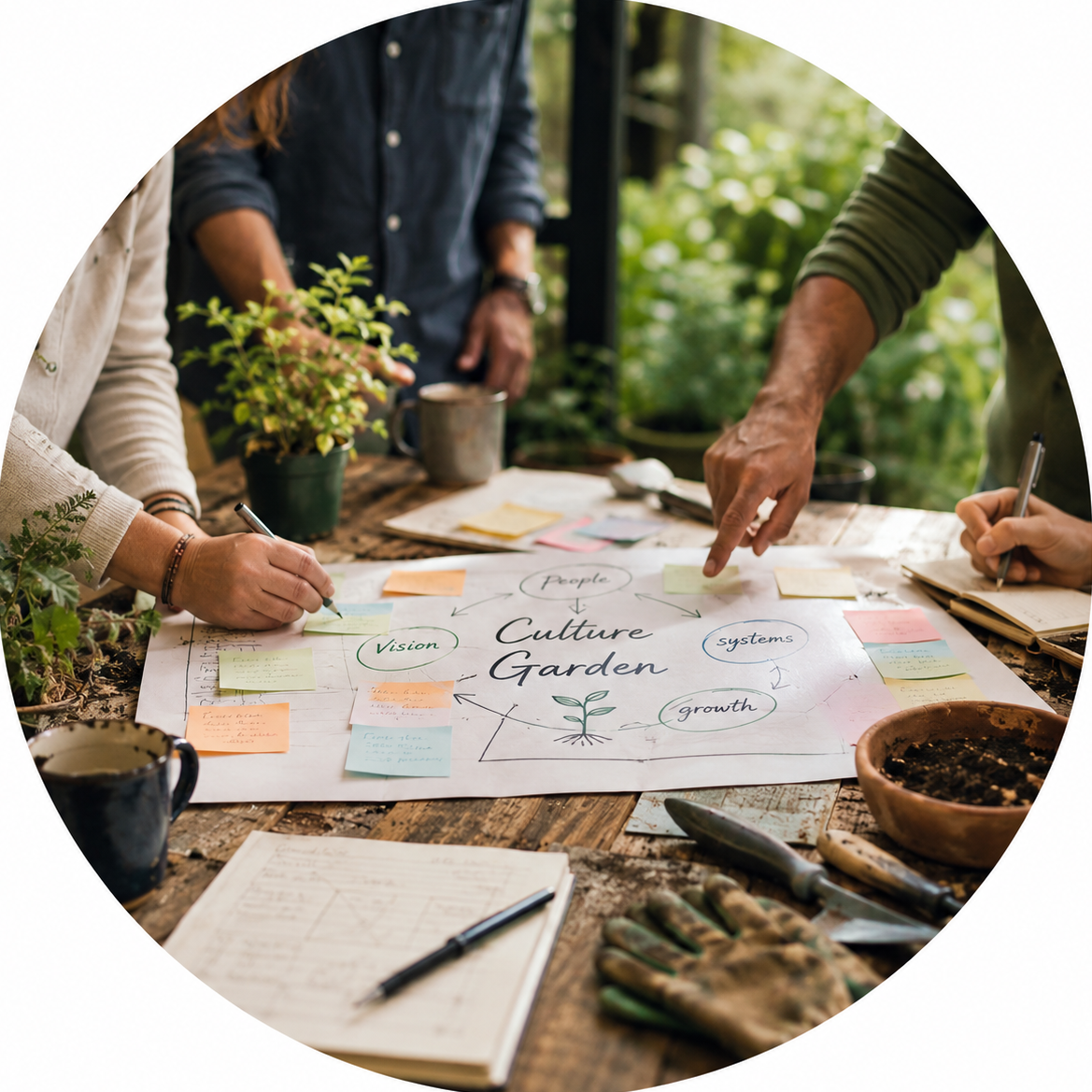 a group of people outdoors with plants around looking at a table full of papers, notes, and ideas